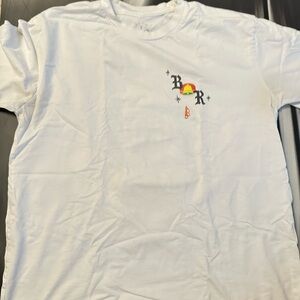 White Graphic Tee with Small Multicolor Chest Design